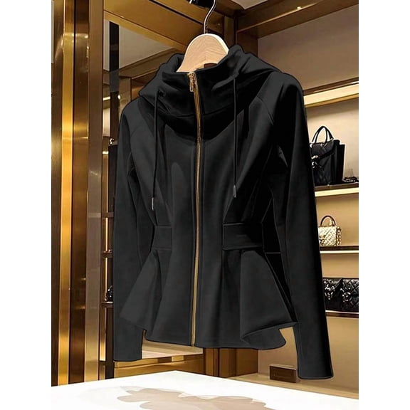 Women's Hooded Zip Up Jacket, Cinched Waist Peplum Long Sleeve Casual Outfit
