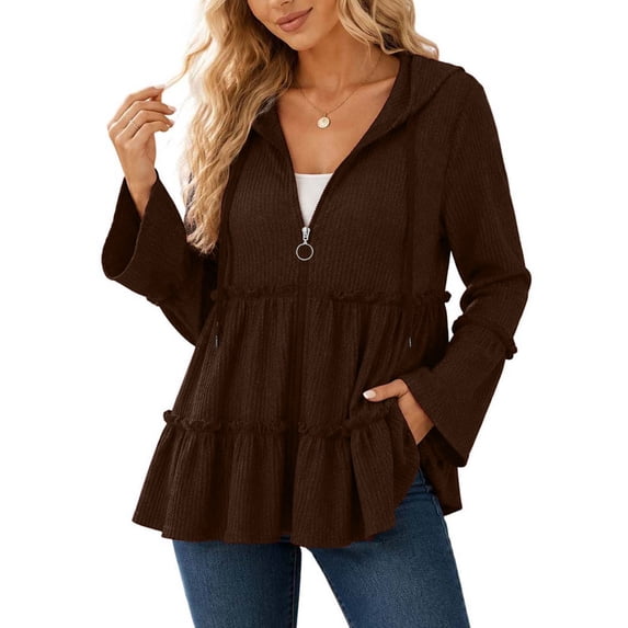 Women's Hooded Zip Up Ruffle Tiered Top Long Flare Sleeve Peplum Jacket with Side Pockets Casual Knit Cardigan Coat