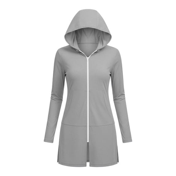 Women's Hooded Zip Up Swim Cover Up Dress Long Sleeve Quick Dry Beach Coverup with Pockets Side Slit Bathing Suit Robe for Pool Vacation Gray,XXL