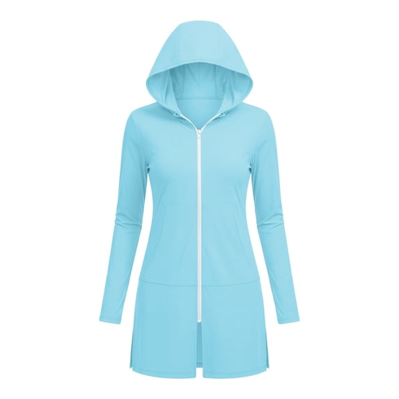Women's Hooded Zip Up Swim Cover Up Dress Long Sleeve Quick Dry Beach Coverup with Pockets Side Slit Bathing Suit Robe for Pool Vacation Light Blue,M