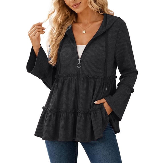 Women's Hooded Zip Up Tops Ruffle Tiered Peplum Jacket 2026 Casual Long Flare Sleeve Knit Loose Cardigan Coat for Spring Fall
