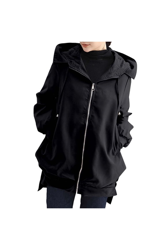 Women's Hooded Zip Up Trench Coat Casual Long Sleeve Windbreaker High-Low Hem Outerwear with Pockets