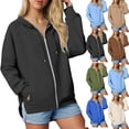 thumbnail image 1 of Women's Hooded Zipper Jacket Coats Outerwear Blouses Tops Long Sleeve Solid Color Casual Fall Clothing Streetwear Travel Loungewear Fashion Essential Gift for Women | CSEONE,Blue XL, 1 of 9