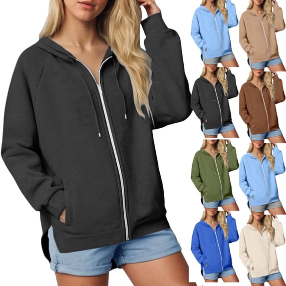 Women's Hooded Zipper Jacket Coats Outerwear Blouses Tops Long Sleeve Solid Color Casual Fall Clothing Streetwear Travel Loungewear Fashion Essential Gift for Women | CSEONE,Blue XL