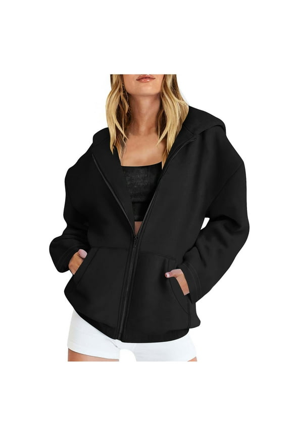 Women's Hooded Zipper Jackets Oversized Long Sleeve Soft Cotton Zip Up Plain Hoodie Sweatshirt with Pockets (L, Black)