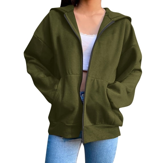 Women's Hooded Zipper Jackets Oversized Long Sleeve Soft Cotton Zip Up Plain Hoodie Sweatshirt with Pockets (S, Army Green)