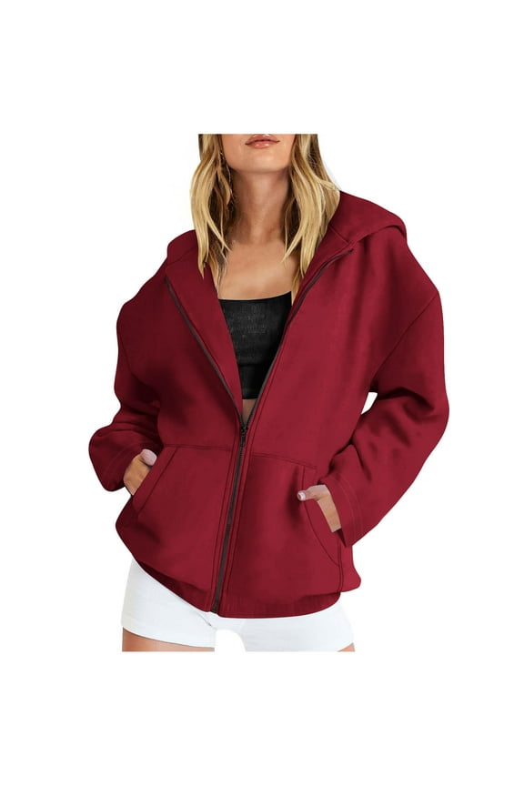 Women's Hooded Zipper Jackets Oversized Long Sleeve Soft Cotton Zip Up Plain Hoodie Sweatshirt with Pockets (XL, Wine)