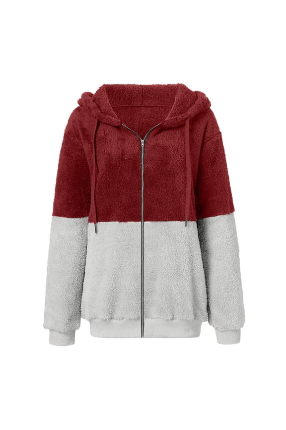 Women's Hooded Zipper Pocket Long Sleeved Double Color Matching Jacket Christmas Mom Women Small Jacket Jacket Coat Elderly Jacket State Jacket Worsted Wool Jacket Womens Snow Jacket Fuzzy Jacket