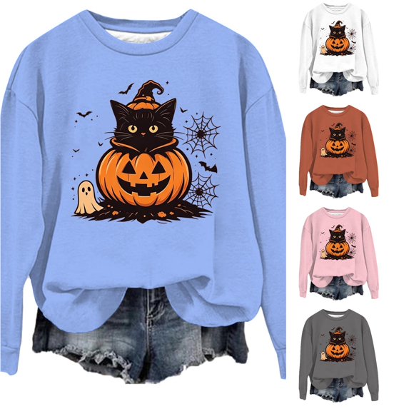 Women's Hoodedless Sweatshirt for Wear with Halloween Graphic Casual Pullover Top for Spring and Autumn Fashion Streetwear Light Blue S