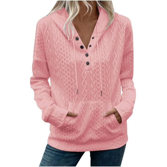 Women's Hoodie Button Quilted Sweatshirts Casual V-Neck Long Sleeve Hoodies Tops Textured Solid Color Fall Clothing Fashion Jacket Pullover 2025