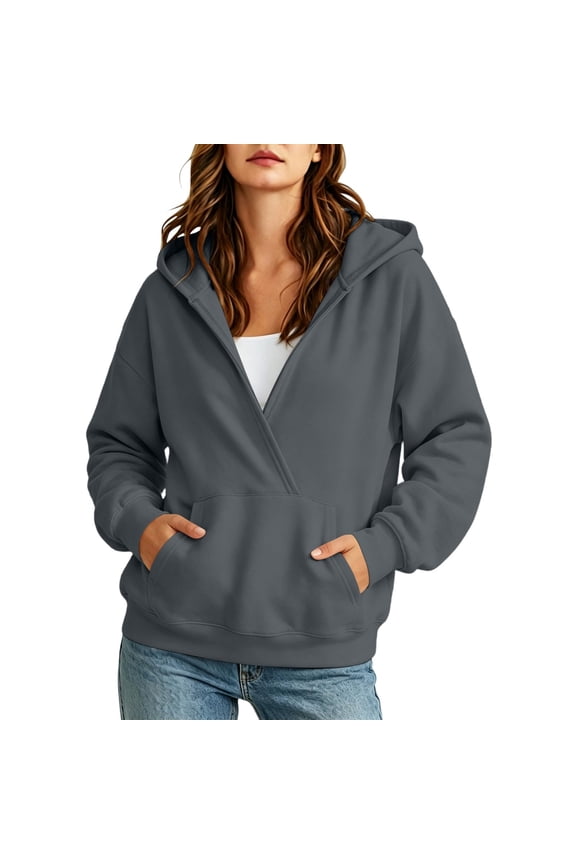 Women's Hoodie Casual Wrap V Neck Sweatshirts Loose Fit Long Sleeve Trendy Pullover Tops with Pocket 2026 Fall Winter Basic Travel Clothes