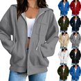 thumbnail image 1 of Women's Hoodie Dqueduo Women's Solid Color Full-Zip Hooded Long-Sleeve Sweatshirt Cardigan with Pockets Gray L, 1 of 9