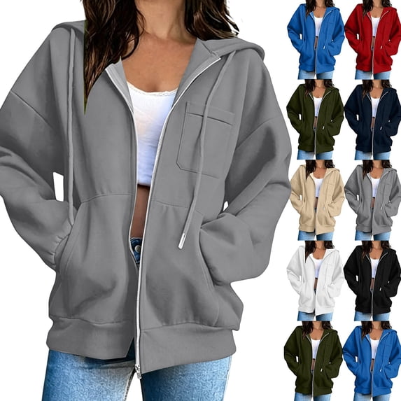 Women's Hoodie Dqueduo Women's Solid Color Full-Zip Hooded Long-Sleeve Sweatshirt Cardigan with Pockets Gray L