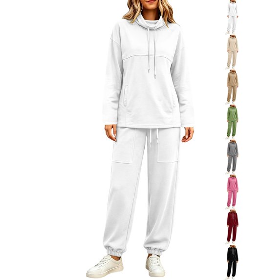 Women's Hoodie Dqueduo Women's Two Piece High Neck Sports Suit Long Sleeve Drawstring And Jogger Pants Casual Pocket Set, Sizes S-XXL