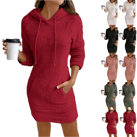 Women's Hoodie Dress Sweatshirt Dress Long Sleeve Pullover Hooded Plush Fleece with Drawstring Pocket for Winter Loungewear,Red,2XL