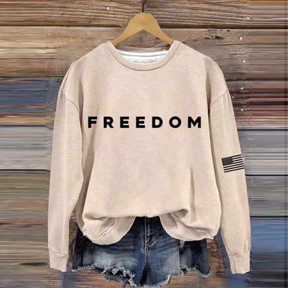Women's Hoodie Freedom Print Crew Neck Relaxed Fit Drop Shoulder Long Sleeve Hoodless Sweatshirt Top, Beige ,S