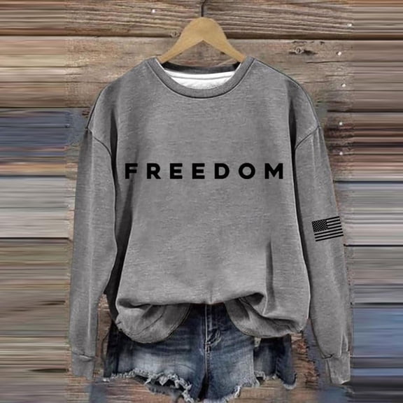 Women's Hoodie Freedom Print Crew Neck Relaxed Fit Drop Shoulder Long Sleeve Hoodless Sweatshirt Top, Gray ,XXXL