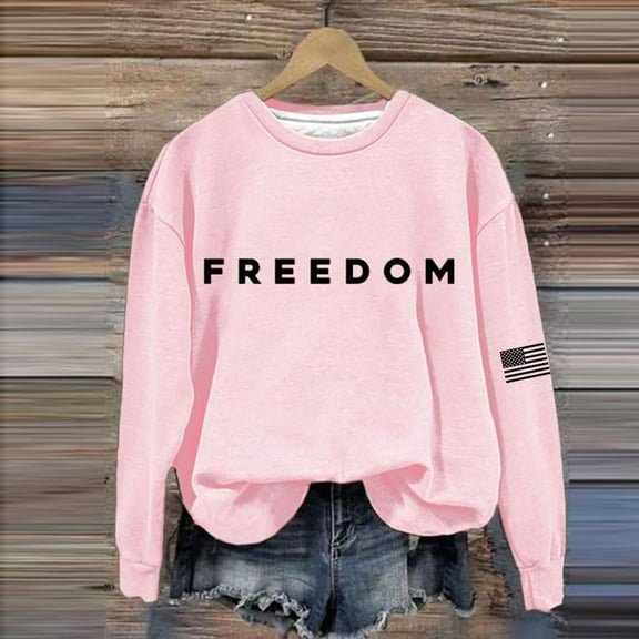 Women's Hoodie Freedom Print Crew Neck Relaxed Fit Drop Shoulder Long Sleeve Hoodless Sweatshirt Top, Pink ,XXXXXL