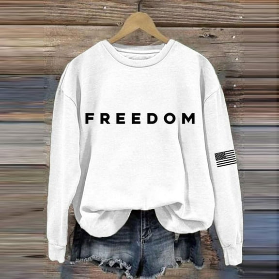 Women's Hoodie Freedom Print Crew Neck Relaxed Fit Drop Shoulder Long Sleeve Hoodless Sweatshirt Top, White ,XXXXL