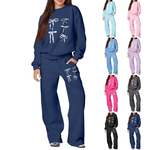 Women's Hoodie Jogger Set - Preppy Bow Print Hooded Sweatshirt & Matching Pants, Cozy & Cute Loungewear Set Pink S