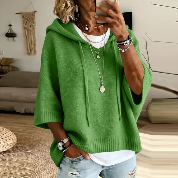Women's Hoodie Knit Pullover Sweater Drawstring Adjustment 3/4 Drop Shoulder Sleeves Ribbed Knit Loose Fit Soft Comfy Solid Trendy Winter Tops
