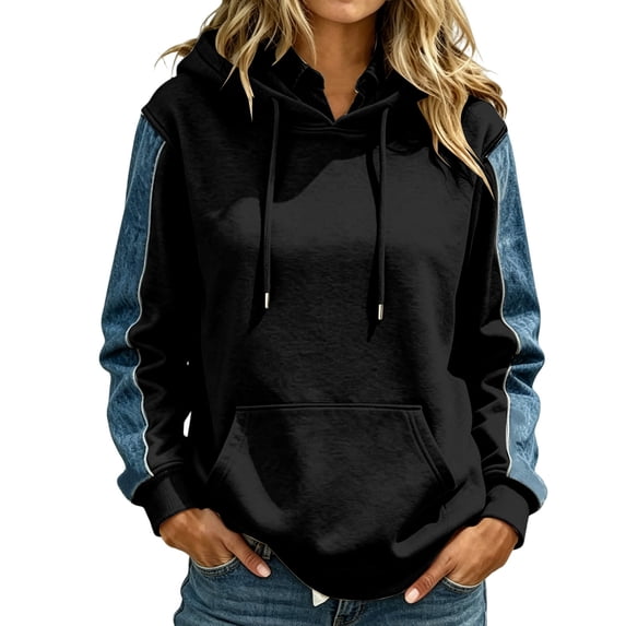 Women's Hoodie Long Sleeve Pullover Tops Drawstring Hooded Sweatshirt Denim Splicing Raglan Sleeve with Front Kangaroo Pocket Ribbed Cuffs Black 3XL