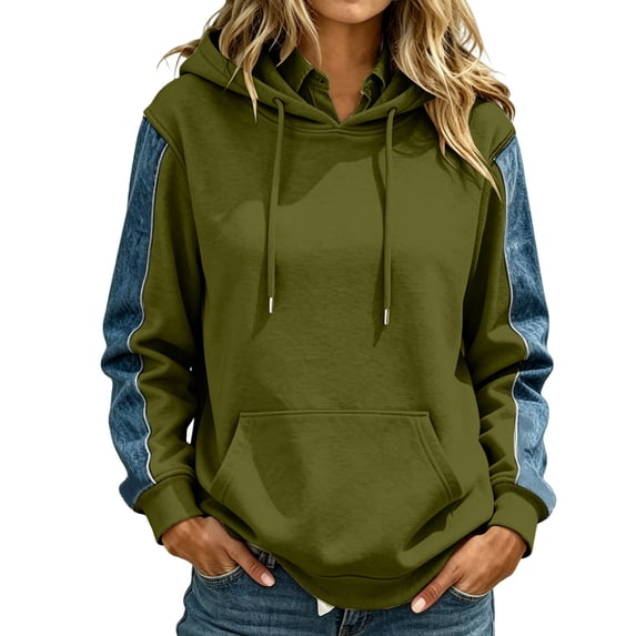 Women's Hoodie Long Sleeve Pullover Tops Drawstring Hooded Sweatshirt Denim Splicing Raglan Sleeve with Front Kangaroo Pocket Ribbed Cuffs Green M