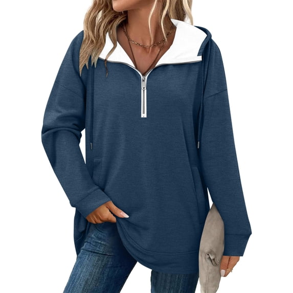 Women's Hoodie Long Sleeve Quarter Zip Up Solid Pullover Sweatshirt with Pockets Navy S