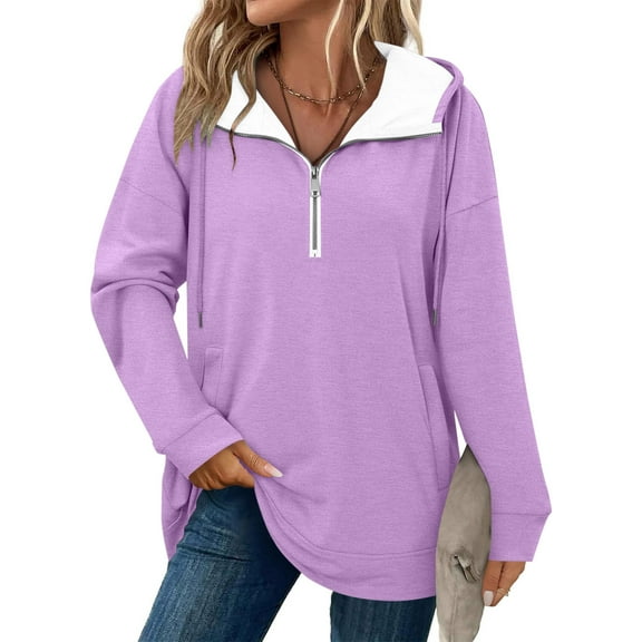 Women's Hoodie Long Sleeve Quarter Zip Up Solid Pullover Sweatshirt with Pockets Purple 2XL
