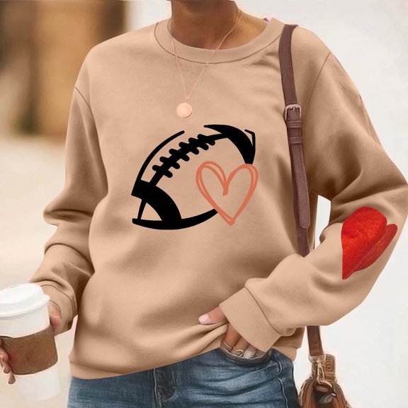 Women's Hoodie Ndbuld Fashion Women's Print Casual Long Sleeve Round Neck Ladies Loose Sweatshirt Tops Blouse Khaki M