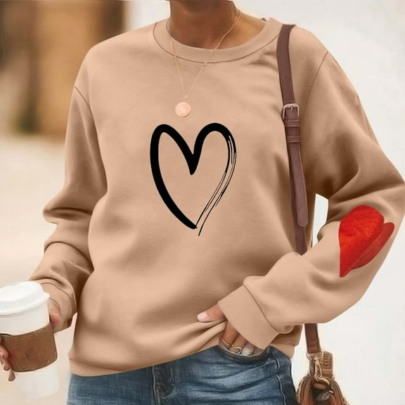 Women's Hoodie Ndbuld Fashion Women's Print Casual Long Sleeve Round Neck Ladies Loose Sweatshirt Tops Blouse Khaki XL