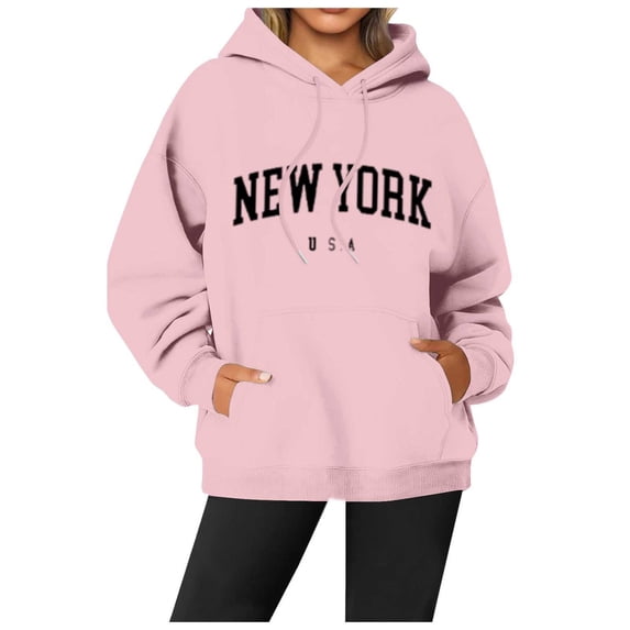 Women's Hoodie Oversize New York Letter Print Long Sleeve Hooded Drawstring With Pocket Winter Y2k Clothes Pink