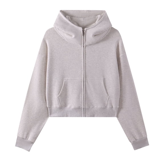 Women's Hoodie Oversize Solid Zipper Stand Collar Cropped High Collar with Pocket Trendy Outfits 2026