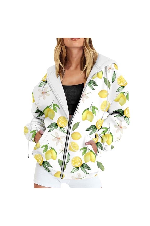 Women's Hoodie Oversize Zip Up Casual Fruit Print Graphic Fleece Jacket with Pocket Plus Size Hooded Sweatshirts