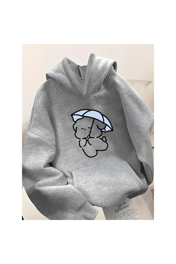 Women's Hoodie, Printed with Bear and Umbrella Patterns, Autumn and Winter Sweatshirt