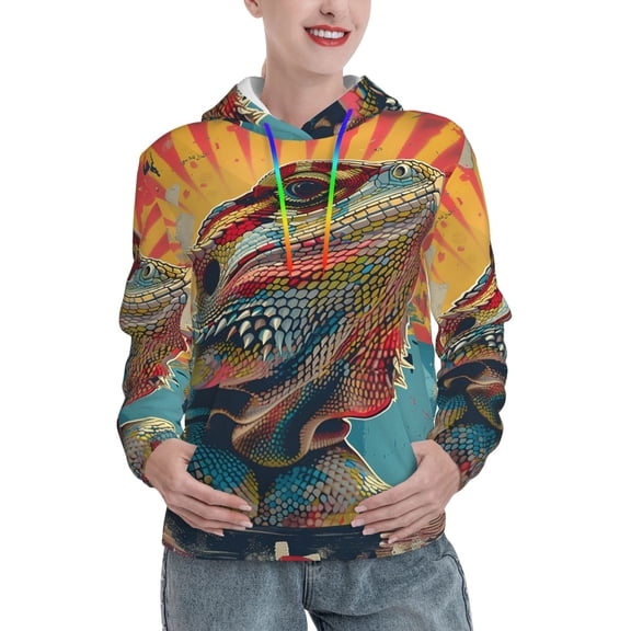 Women's Hoodie Pullover Casual Hooded Sweatshirt 3D, Bearded Dragon Lizards Retro