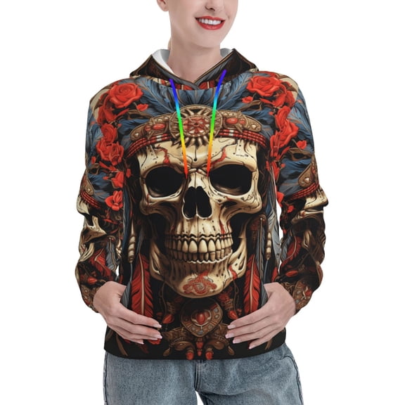Women's Hoodie Pullover Casual Hooded Sweatshirt 3D, Indian Native American Skull Feather Art