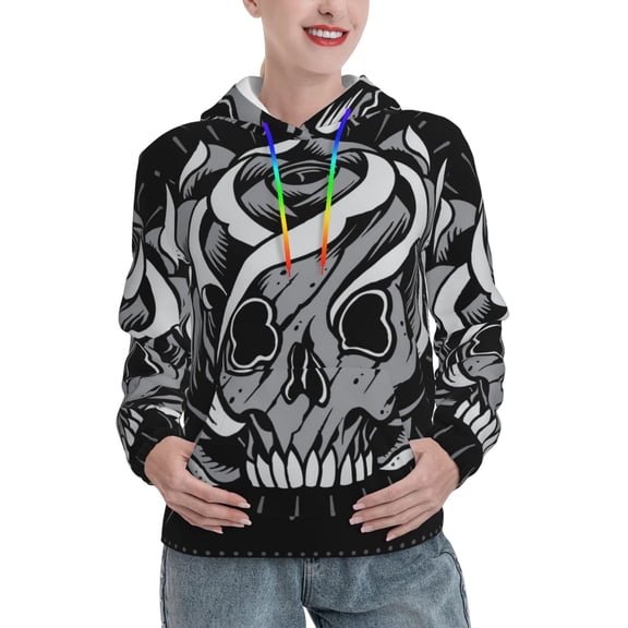 Women's Hoodie Pullover Casual Hooded Sweatshirt 3D, Skulls And Skull Rose Shape