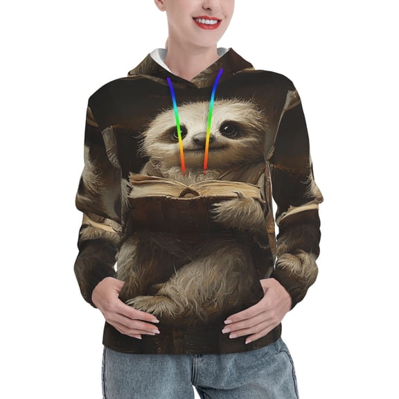 Women's Hoodie Pullover Casual Hooded Sweatshirt 3D, Sloth Bookshelf Books Vintage