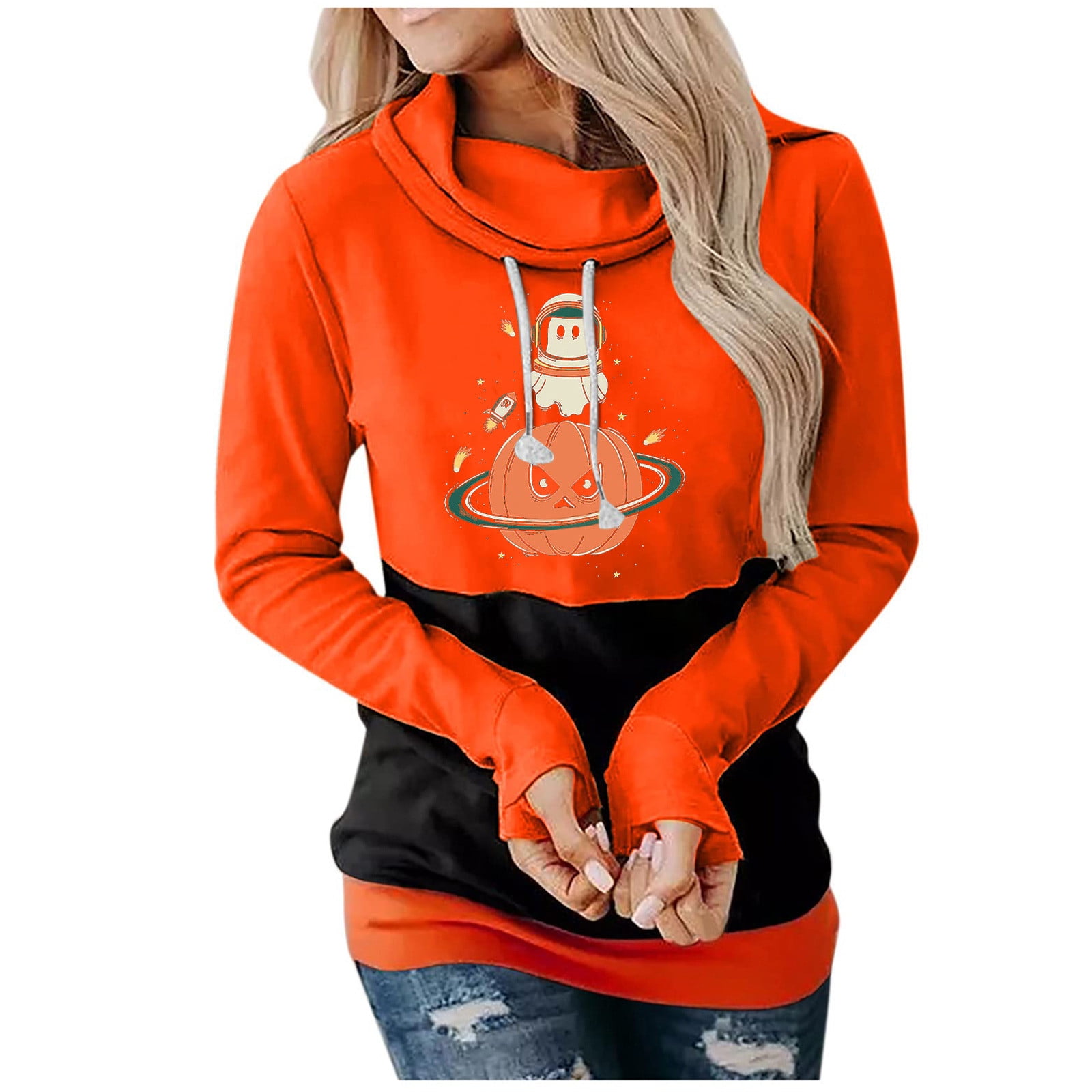 Qinnyo Halloween Shirts for Women Printing Solid Color Long Sleeve Sweater  T Shirt Long Tops womens hoodies half (Orange, S) at  Women's  Clothing store