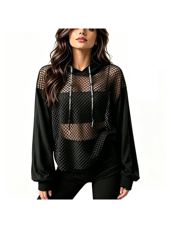 Women's Hoodie Punk Mesh Fishnet Patchwork Drawstring Long Sleeve Pullover Sweatshirt Y2K Streetwear Casual Top