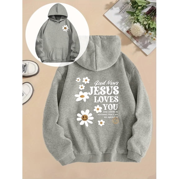 Women's Hoodie - Religious Inspirational "Good News Jesus Loves You" Floral Daisy Print Sweatshirt in Gray/White, Cozy Fall Winter Pullover Hoodie for Everyday Christian Faith Expression