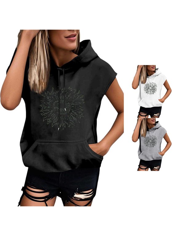 Women's Hoodie Sleeveless Sunflower Graphic Pullover Hooded Sweatshirt Drop Shoulder Vest Top Streetwear Casual Top