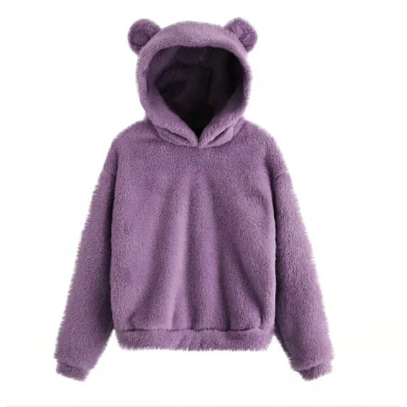 Women's Hoodie, Solid Color Plush Rabbit Ear Hooded Warm Sweater 2024 Autumn/winter (Purple,XXL)