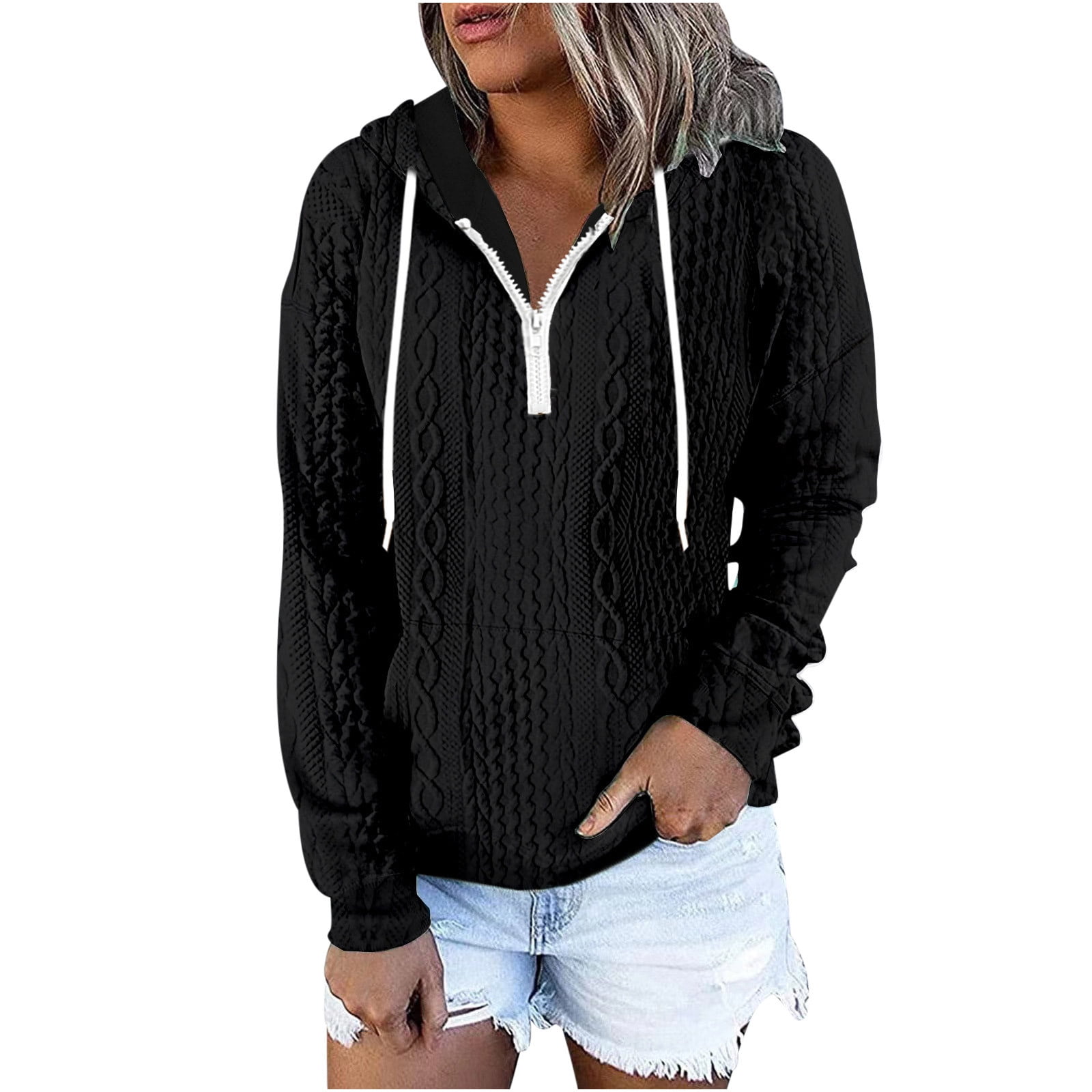 Women s Hoodie Sweaters Cable Knit Long Sleeve Half Zip Plain Pullover Hooded Sweatshirt Casual Warm Jumper Tops 5X Large Black Walmart