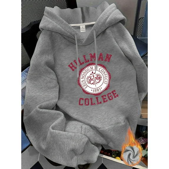 Women's Hoodie - Vintage Collegiate Sweatshirt with Hillman College EST.1973 Print, Front Pocket Hooded Pullover in Gray & Red, Machine Washable Non-Stretch Winter Sweater for Alumni,