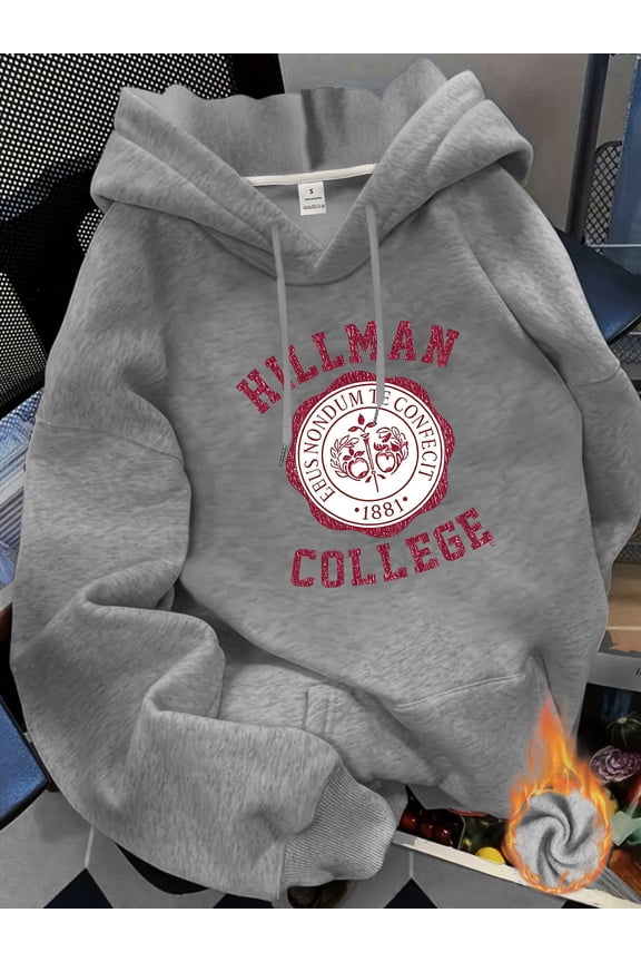 Women's Hoodie - Vintage Collegiate Sweatshirt with Hillman College EST.1973 Print, Front Pocket Hooded Pullover in Gray & Red, Machine Washable Non-Stretch Winter Sweater for Alumni,