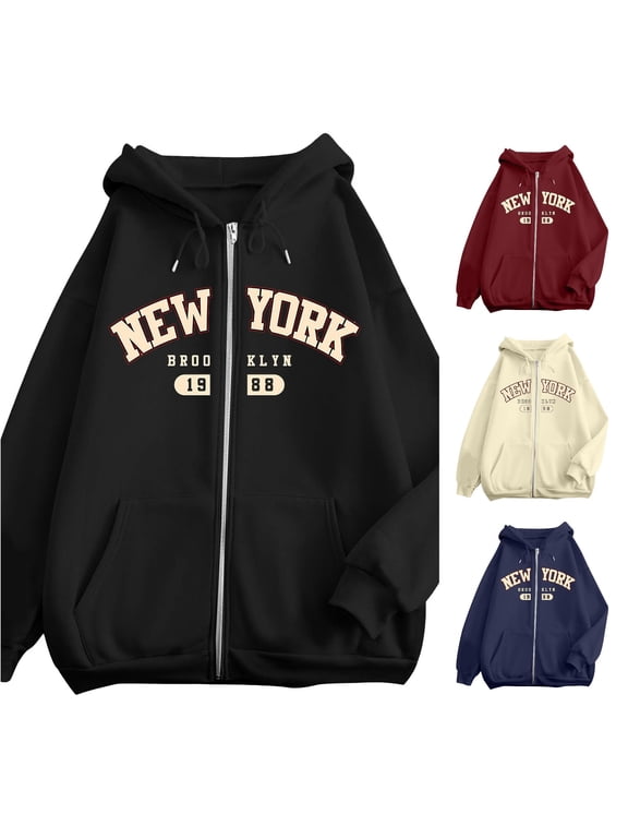 Women's Hoodie Vintage New York Brooklyn Letter Graphic Full Zip Hooded Sweatshirt Drop Shoulder Zip-Up Jacket Streetwear Y2K Outerwear Top