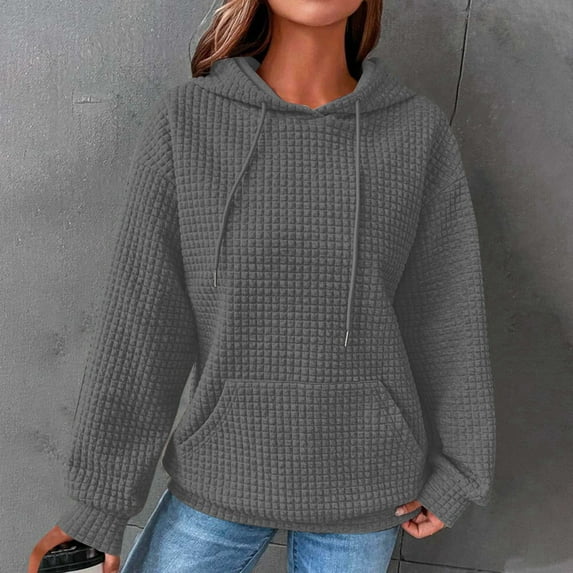 Women's Hoodie Waffle-Knit Drawstring Pullover Long Sleeve Sweatshirt Fall Casual Blouse Hooded Crewneck Tops (XXL, Dark Gray)