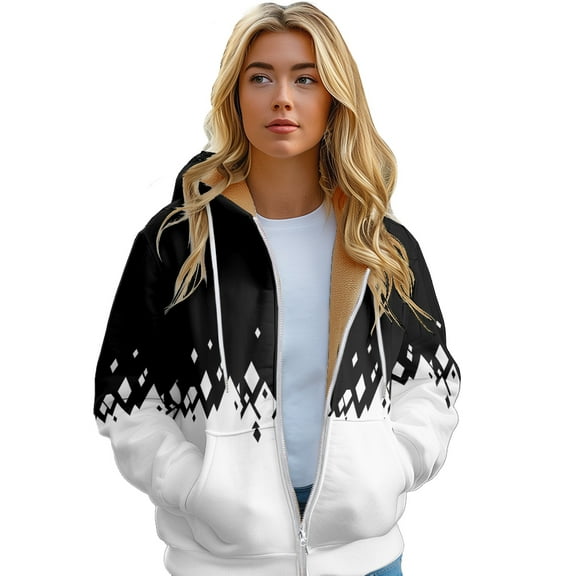 Women's Hoodie Winter Street Trend Thickened Fleece Warm Jacket Black and White Colorblocking